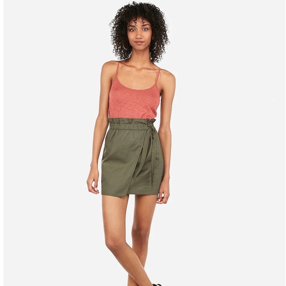 Express - Olive Green High-Waist Wrap Tie Mini Skirt - Picture 2 of 5
